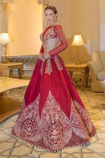 Buy_Jigar & Nikita_Red Linen, Net Pearls, Zari High Neck Ruby Lehenga Set With Blouse And Dupatta _Online_at_Aza_Fashions