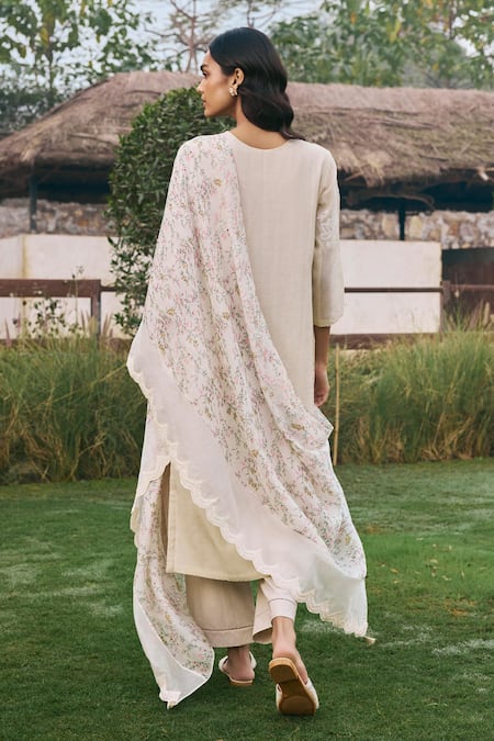 Shop_Vaayu_Beige Muslin Embroidery Round Neck Kurta Set _at_Aza_Fashions