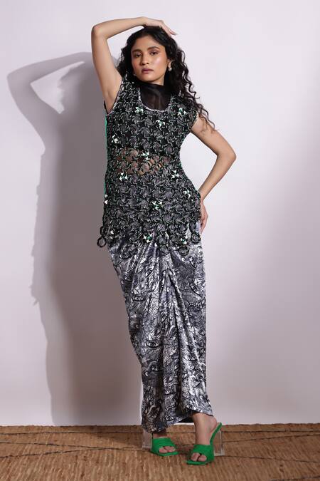 Shop_Devina Juneja_Black Organza, Crepe Round Neck Printed Appliqued Luna Top _at_Aza_Fashions