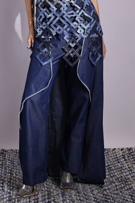 Devina Juneja_Navy Denim Drape Pant _Online_at_Aza_Fashions