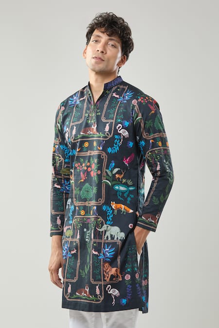Taroob_Black Cotton Printed Kurta Set _Online_at_Aza_Fashions