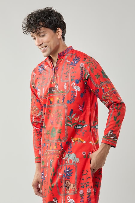 Taroob_Red Cotton, Silk Printed Kurta Set _Online_at_Aza_Fashions