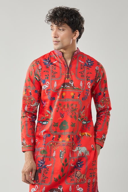 Buy_Taroob_Red Cotton, Silk Printed Kurta Set _Online_at_Aza_Fashions