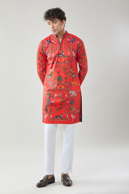 Shop_Taroob_Red Cotton, Silk Printed Kurta Set _Online_at_Aza_Fashions