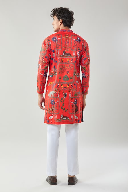 Shop_Taroob_Red Cotton, Silk Printed Kurta Set _at_Aza_Fashions