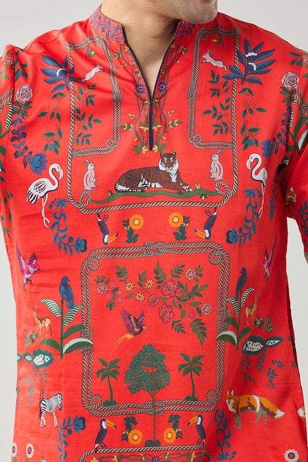 Buy_Taroob_Red Cotton, Silk Printed Kurta Set 