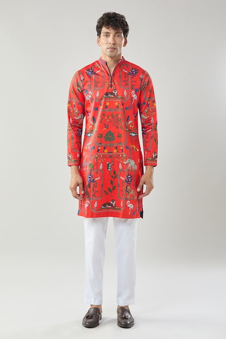 Shop_Taroob_Red Cotton, Silk Printed Kurta Set 