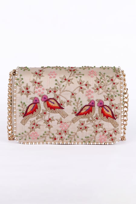 Fuchsia_Gold Embroidery, Pearls Clutch With Chain Sling _Online_at_Aza_Fashions