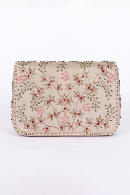 Shop_Fuchsia_Gold Embroidery, Pearls Clutch With Chain Sling _at_Aza_Fashions