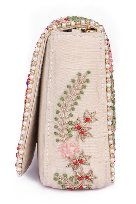 Shop_Fuchsia_Gold Embroidery, Pearls Clutch With Chain Sling _Online_at_Aza_Fashions