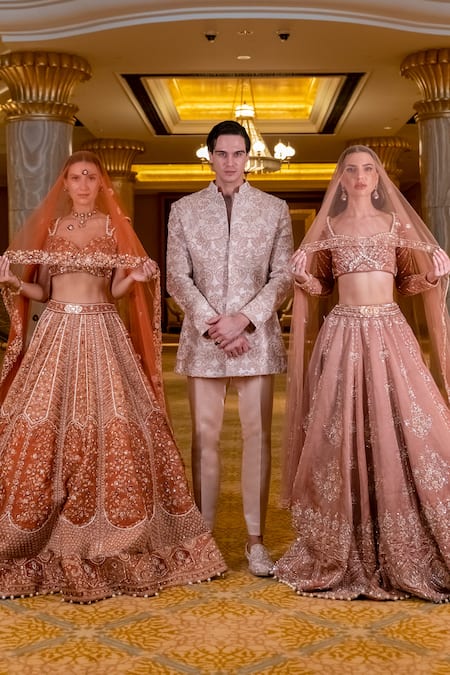 Jigar & Nikita_Brown Silk, Net Sequins, Embroidery V-neck Hazel Brew Lehenga Set _at_Aza_Fashions