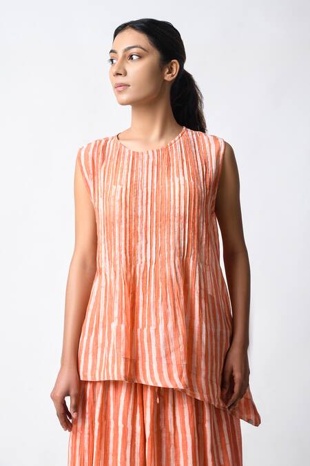 Buy JAYATI GOENKA Coral Chanderi Silk Round Neck Pintuck Cord Set Buy_JAYATI GOENKA_Coral Chanderi Silk Round Neck Pintuck Cord Set