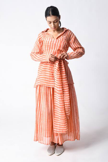 Buy JAYATI GOENKA Coral Chanderi Silk V-neck, Collared Cami Wrap Co-ord Set Online at Aza Fashions Buy_JAYATI GOENKA_Coral Chanderi Silk V-neck, Collared Cami Wrap Co-ord Set _Online_at_Aza_Fashions