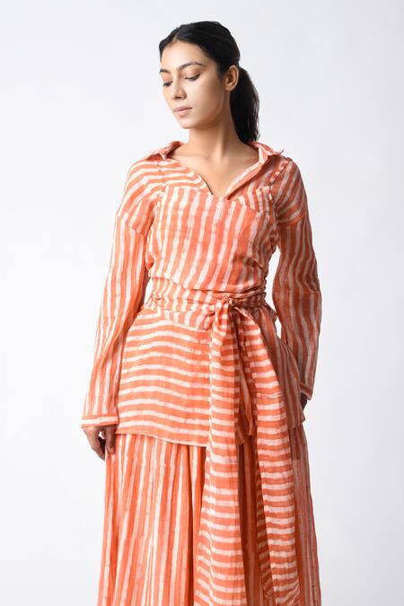 JAYATI GOENKA Coral Chanderi Silk V-neck, Collared Cami Wrap Co-ord Set at Aza Fashions JAYATI GOENKA_Coral Chanderi Silk V-neck, Collared Cami Wrap Co-ord Set _at_Aza_Fashions