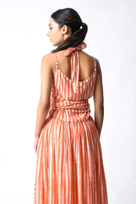 JAYATI GOENKA Coral Chanderi Silk Halter Neck Waspie Cord Set Online at Aza Fashions JAYATI GOENKA_Coral Chanderi Silk Halter Neck Waspie Cord Set _Online_at_Aza_Fashions