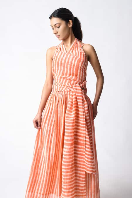 JAYATI GOENKA Coral Chanderi Silk Halter Neck Waspie Cord Set at Aza Fashions JAYATI GOENKA_Coral Chanderi Silk Halter Neck Waspie Cord Set _at_Aza_Fashions