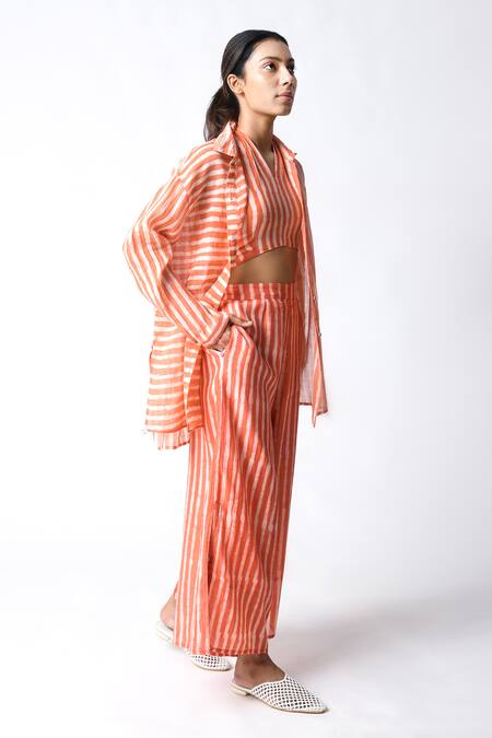 JAYATI GOENKA Coral Chanderi Silk Halter , Open Stripe Pant Set Online at Aza Fashions JAYATI GOENKA_Coral Chanderi Silk Halter , Open Stripe Pant Set _Online_at_Aza_Fashions
