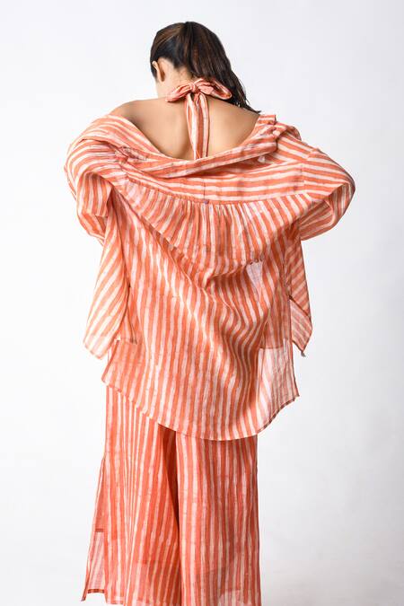 Buy JAYATI GOENKA Coral Chanderi Silk Halter , Open Stripe Pant Set Online at Aza Fashions Buy_JAYATI GOENKA_Coral Chanderi Silk Halter , Open Stripe Pant Set _Online_at_Aza_Fashions