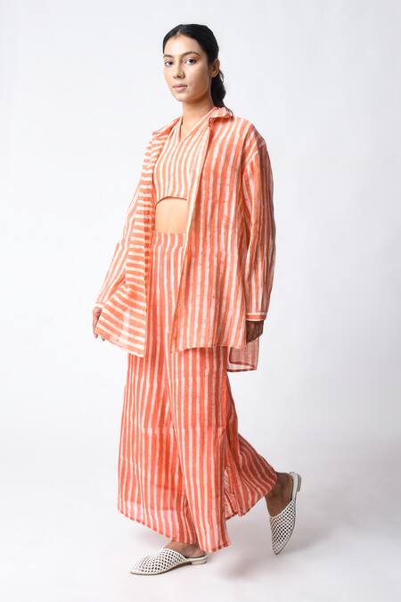 Shop JAYATI GOENKA Coral Chanderi Silk Halter , Open Stripe Pant Set Online at Aza Fashions Shop_JAYATI GOENKA_Coral Chanderi Silk Halter , Open Stripe Pant Set _Online_at_Aza_Fashions