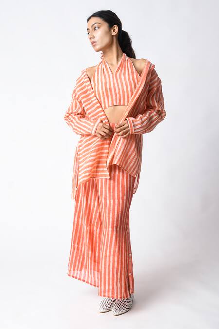JAYATI GOENKA Coral Chanderi Silk Halter , Open Stripe Pant Set at Aza Fashions JAYATI GOENKA_Coral Chanderi Silk Halter , Open Stripe Pant Set _at_Aza_Fashions