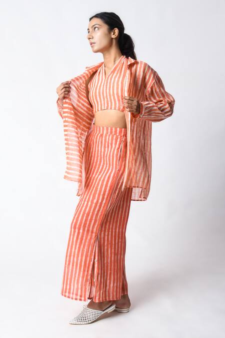 Buy JAYATI GOENKA Coral Chanderi Silk Halter , Open Stripe Pant Set Buy_JAYATI GOENKA_Coral Chanderi Silk Halter , Open Stripe Pant Set