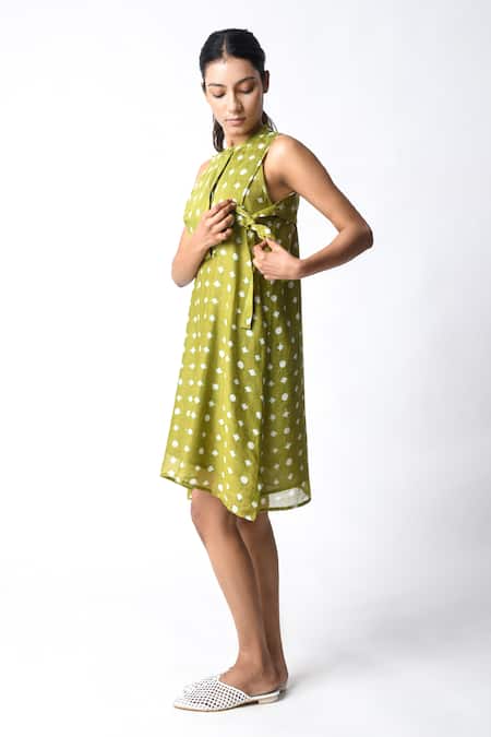 JAYATI GOENKA Green Chanderi Silk Round Neck Henna Mini Dress Online at Aza Fashions JAYATI GOENKA_Green Chanderi Silk Round Neck Henna Mini Dress _Online_at_Aza_Fashions