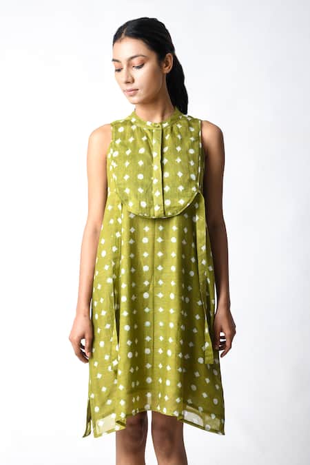 Shop JAYATI GOENKA Green Chanderi Silk Round Neck Henna Mini Dress Online at Aza Fashions Shop_JAYATI GOENKA_Green Chanderi Silk Round Neck Henna Mini Dress _Online_at_Aza_Fashions
