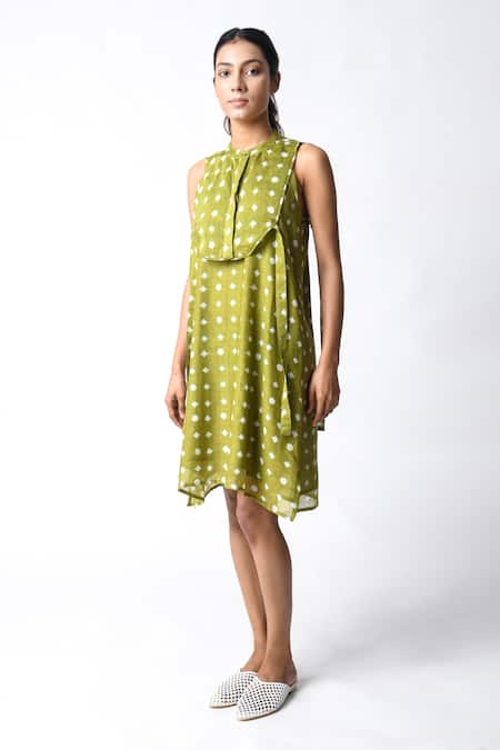 JAYATI GOENKA Green Chanderi Silk Round Neck Henna Mini Dress at Aza Fashions JAYATI GOENKA_Green Chanderi Silk Round Neck Henna Mini Dress _at_Aza_Fashions