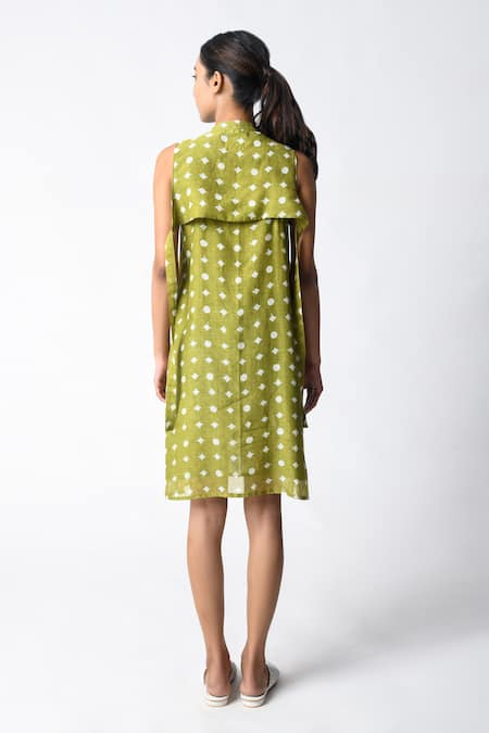 Shop JAYATI GOENKA Green Chanderi Silk Round Neck Henna Mini Dress at Aza Fashions Shop_JAYATI GOENKA_Green Chanderi Silk Round Neck Henna Mini Dress _at_Aza_Fashions