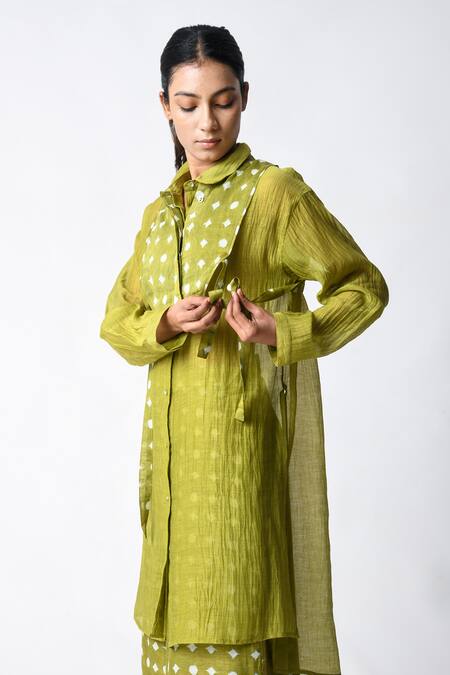 Buy JAYATI GOENKA Green Chanderi Silk Collared Henna Shirt Co-ord Set Buy_JAYATI GOENKA_Green Chanderi Silk Collared Henna Shirt Co-ord Set