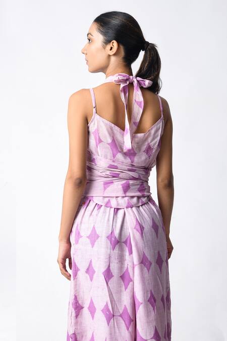 JAYATI GOENKA Purple Chanderi Silk Halter Neck Dabu Hand-block Printed Pant Set Online at Aza Fashions JAYATI GOENKA_Purple Chanderi Silk Halter Neck Dabu Hand-block Printed Pant Set _Online_at_Aza_Fashions