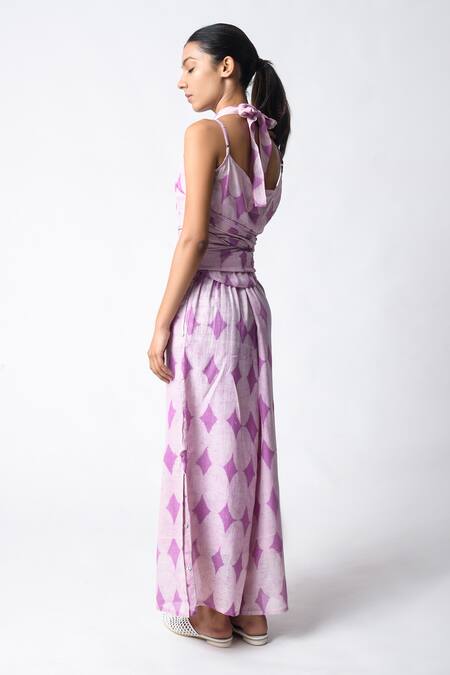 Buy JAYATI GOENKA Purple Chanderi Silk Halter Neck Dabu Hand-block Printed Pant Set Online at Aza Fashions Buy_JAYATI GOENKA_Purple Chanderi Silk Halter Neck Dabu Hand-block Printed Pant Set _Online_at_Aza_Fashions