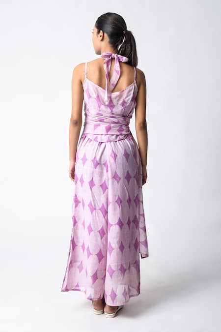 Shop JAYATI GOENKA Purple Chanderi Silk Halter Neck Dabu Hand-block Printed Pant Set at Aza Fashions Shop_JAYATI GOENKA_Purple Chanderi Silk Halter Neck Dabu Hand-block Printed Pant Set _at_Aza_Fashions