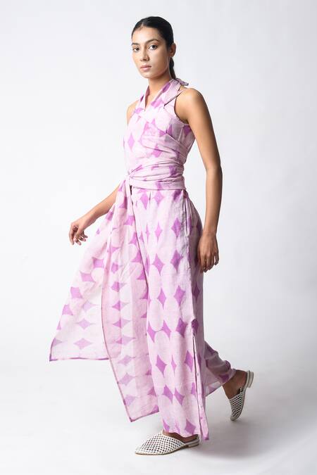 Shop JAYATI GOENKA Purple Chanderi Silk Halter Neck Dabu Hand-block Printed Pant Set Online at Aza Fashions Shop_JAYATI GOENKA_Purple Chanderi Silk Halter Neck Dabu Hand-block Printed Pant Set _Online_at_Aza_Fashions