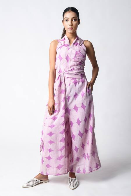 JAYATI GOENKA Purple Chanderi Silk Halter Neck Dabu Hand-block Printed Pant Set at Aza Fashions JAYATI GOENKA_Purple Chanderi Silk Halter Neck Dabu Hand-block Printed Pant Set _at_Aza_Fashions