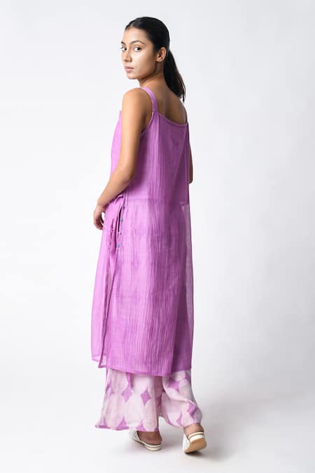 Buy_JAYATI GOENKA_Purple Chanderi Silk Round Neck Plum Strap Tunic Kurta Set _Online_at_Aza_Fashions