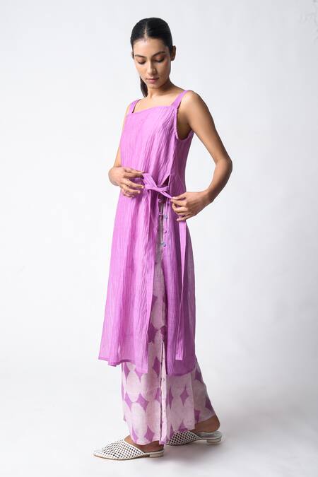 Shop_JAYATI GOENKA_Purple Chanderi Silk Round Neck Plum Strap Tunic Kurta Set _Online_at_Aza_Fashions