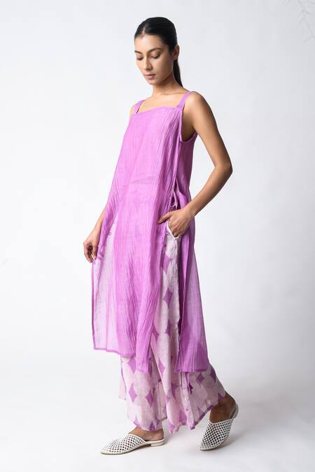 Buy_JAYATI GOENKA_Purple Chanderi Silk Round Neck Plum Strap Tunic Kurta Set 