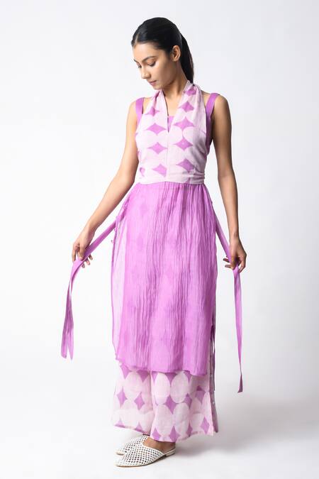 Buy JAYATI GOENKA Purple Chanderi Silk Embroidery V-neck Tie-wrap Plum Co-ord Set Buy_JAYATI GOENKA_Purple Chanderi Silk Embroidery V-neck Tie-wrap Plum Co-ord Set