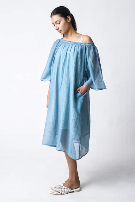 JAYATI GOENKA Blue Chanderi Silk Off-shoulder Sky Midi Dress Online at Aza Fashions JAYATI GOENKA_Blue Chanderi Silk Off-shoulder Sky Midi Dress _Online_at_Aza_Fashions