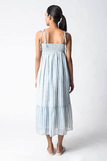 Shop JAYATI GOENKA Blue Chanderi Silk Strappy Midi Dress at Aza Fashions Shop_JAYATI GOENKA_Blue Chanderi Silk Strappy Midi Dress _at_Aza_Fashions