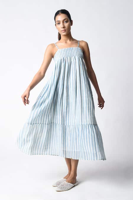 Buy JAYATI GOENKA Blue Chanderi Silk Strappy Midi Dress Online at Aza Fashions Buy_JAYATI GOENKA_Blue Chanderi Silk Strappy Midi Dress _Online_at_Aza_Fashions