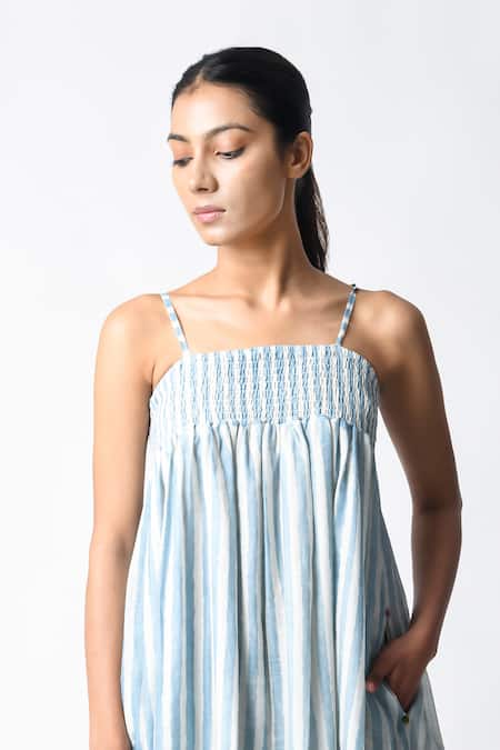 Shop JAYATI GOENKA Blue Chanderi Silk Strappy Midi Dress Online at Aza Fashions Shop_JAYATI GOENKA_Blue Chanderi Silk Strappy Midi Dress _Online_at_Aza_Fashions