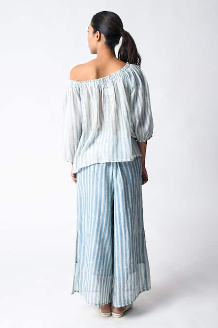 Shop_JAYATI GOENKA_Blue Chanderi Silk Off-shoulder Sky Co-ord Set _at_Aza_Fashions