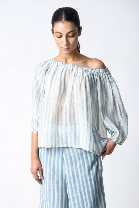 Buy_JAYATI GOENKA_Blue Chanderi Silk Off-shoulder Sky Co-ord Set _Online_at_Aza_Fashions