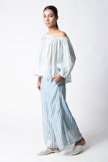 Shop_JAYATI GOENKA_Blue Chanderi Silk Off-shoulder Sky Co-ord Set _Online_at_Aza_Fashions