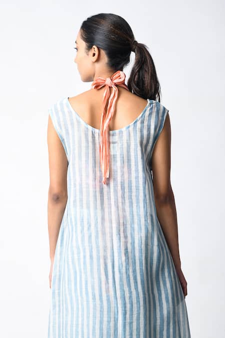 Shop_JAYATI GOENKA_Blue Chanderi Silk V-neck Striped Tunic Sky Set _Online_at_Aza_Fashions