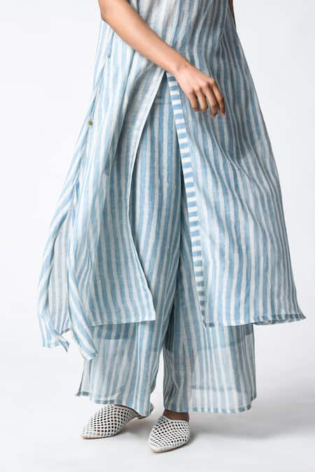JAYATI GOENKA_Blue Chanderi Silk V-neck Striped Tunic Sky Set _at_Aza_Fashions