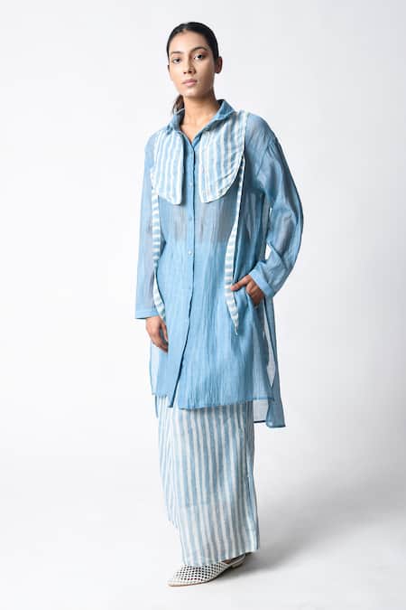 JAYATI GOENKA Blue Chanderi Silk Collared Sky Shirt Co-ord Set Online at Aza Fashions JAYATI GOENKA_Blue Chanderi Silk Collared Sky Shirt Co-ord Set _Online_at_Aza_Fashions