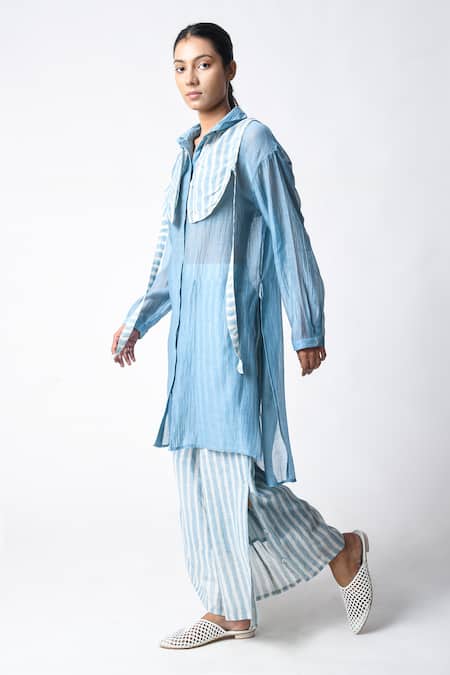 Buy JAYATI GOENKA Blue Chanderi Silk Collared Sky Shirt Co-ord Set Online at Aza Fashions Buy_JAYATI GOENKA_Blue Chanderi Silk Collared Sky Shirt Co-ord Set _Online_at_Aza_Fashions